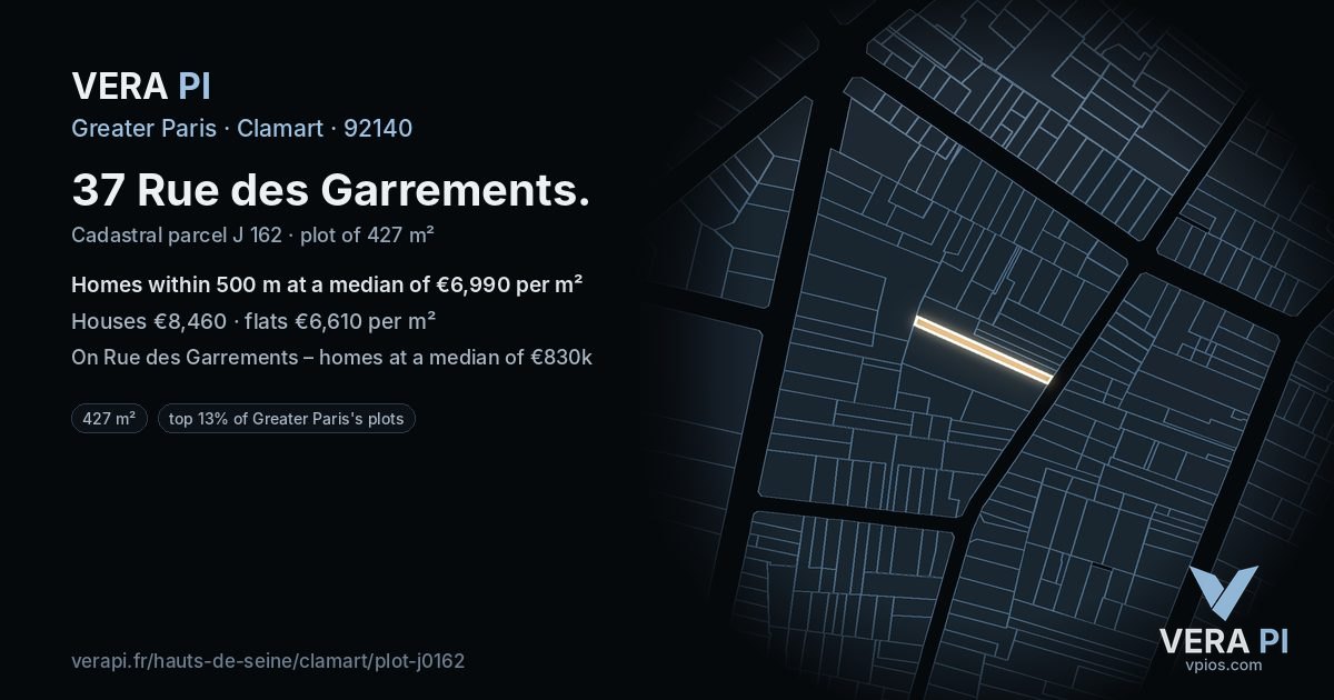 37 Rue des Garrements, Clamart at night – the plot lit, the parcels around coloured by the prices near them