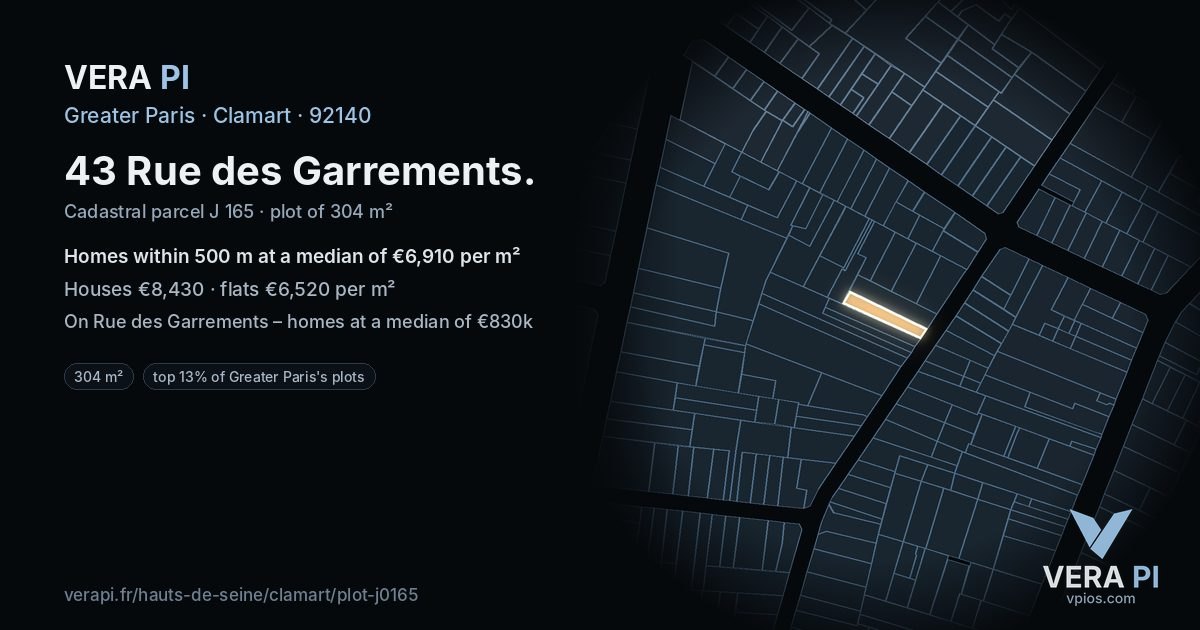 43 Rue des Garrements, Clamart at night – the plot lit, the parcels around coloured by the prices near them