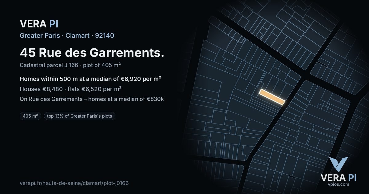 45 Rue des Garrements, Clamart at night – the plot lit, the parcels around coloured by the prices near them