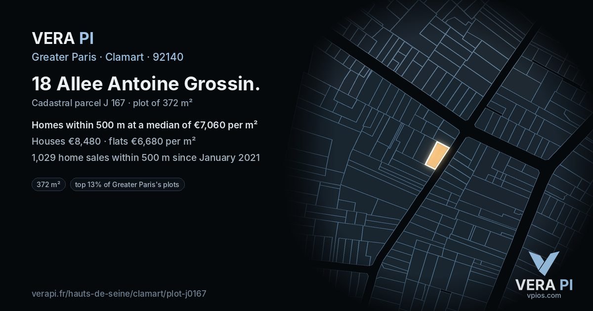 18 Allee Antoine Grossin, Clamart at night – the plot lit, the parcels around coloured by the prices near them
