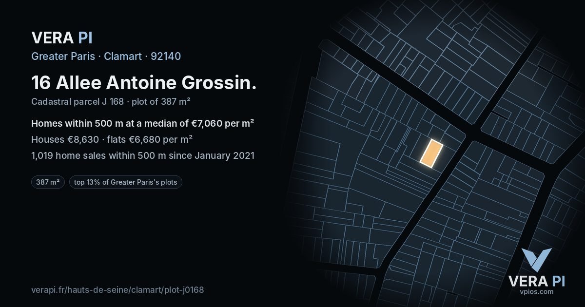 16 Allee Antoine Grossin, Clamart at night – the plot lit, the parcels around coloured by the prices near them