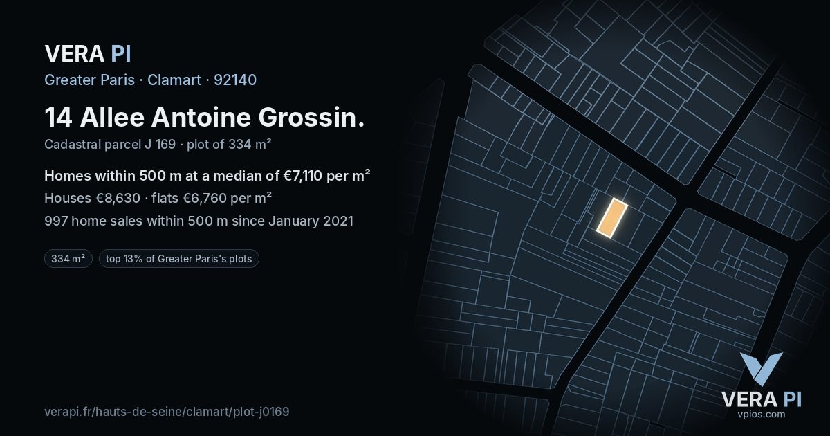 14 Allee Antoine Grossin, Clamart at night – the plot lit, the parcels around coloured by the prices near them