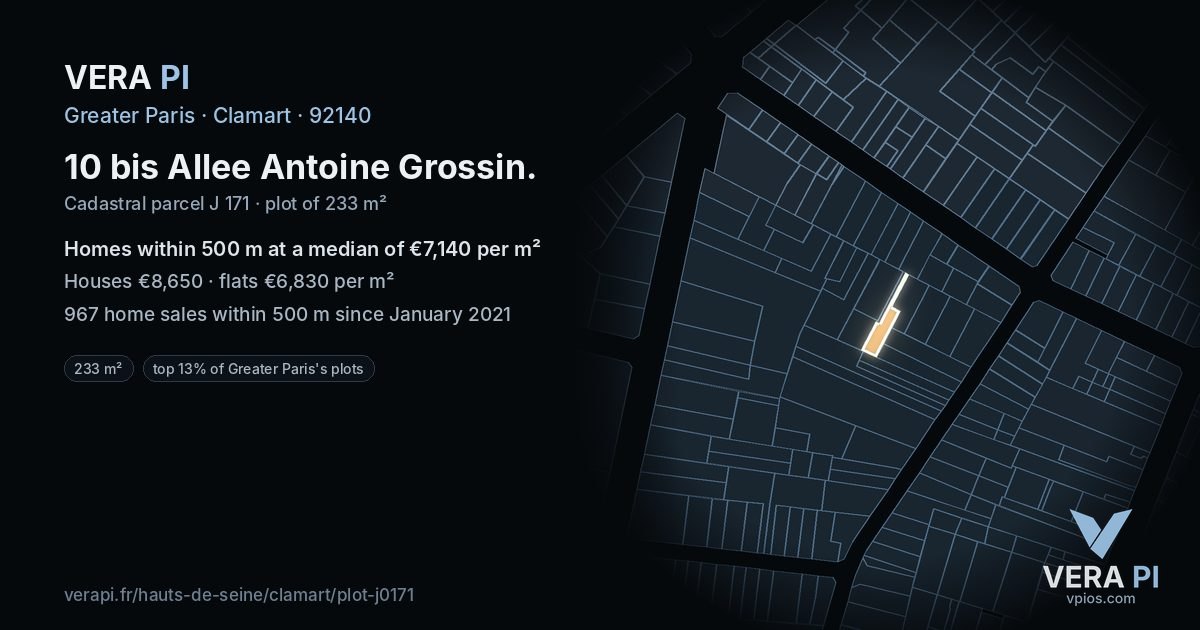 10 bis Allee Antoine Grossin, Clamart at night – the plot lit, the parcels around coloured by the prices near them
