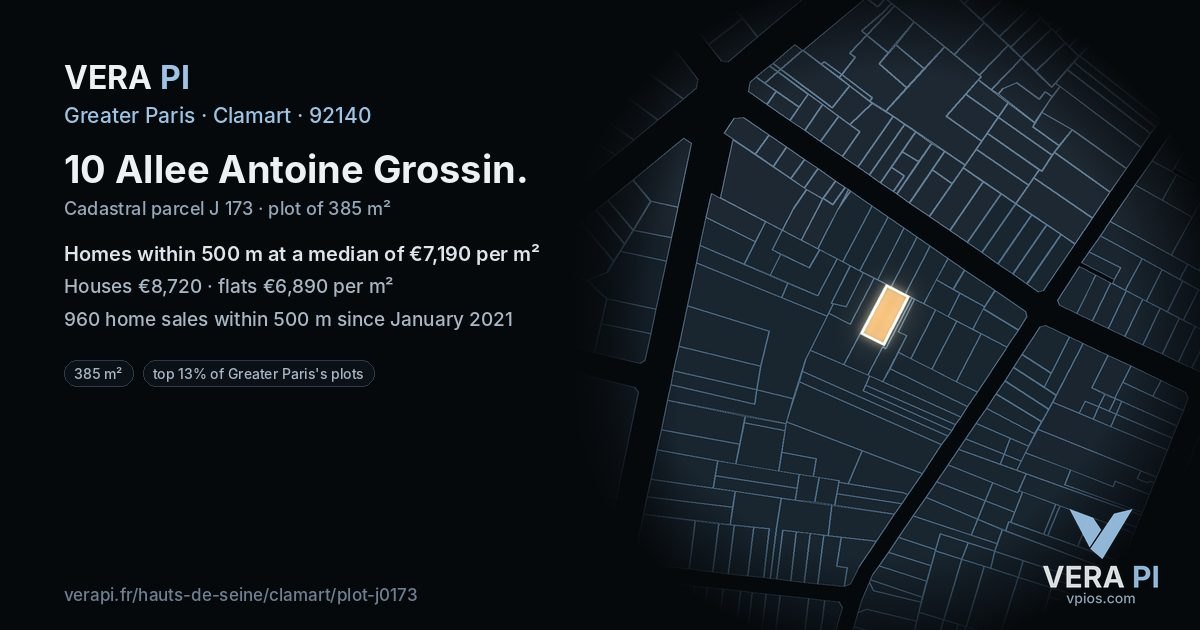 10 Allee Antoine Grossin, Clamart at night – the plot lit, the parcels around coloured by the prices near them