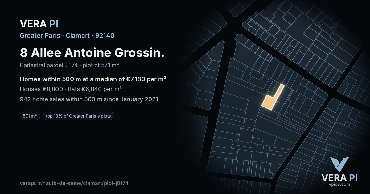 8 Allee Antoine Grossin, Clamart at night – the plot lit, the parcels around coloured by the prices near them