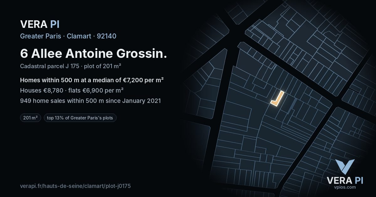 6 Allee Antoine Grossin, Clamart at night – the plot lit, the parcels around coloured by the prices near them