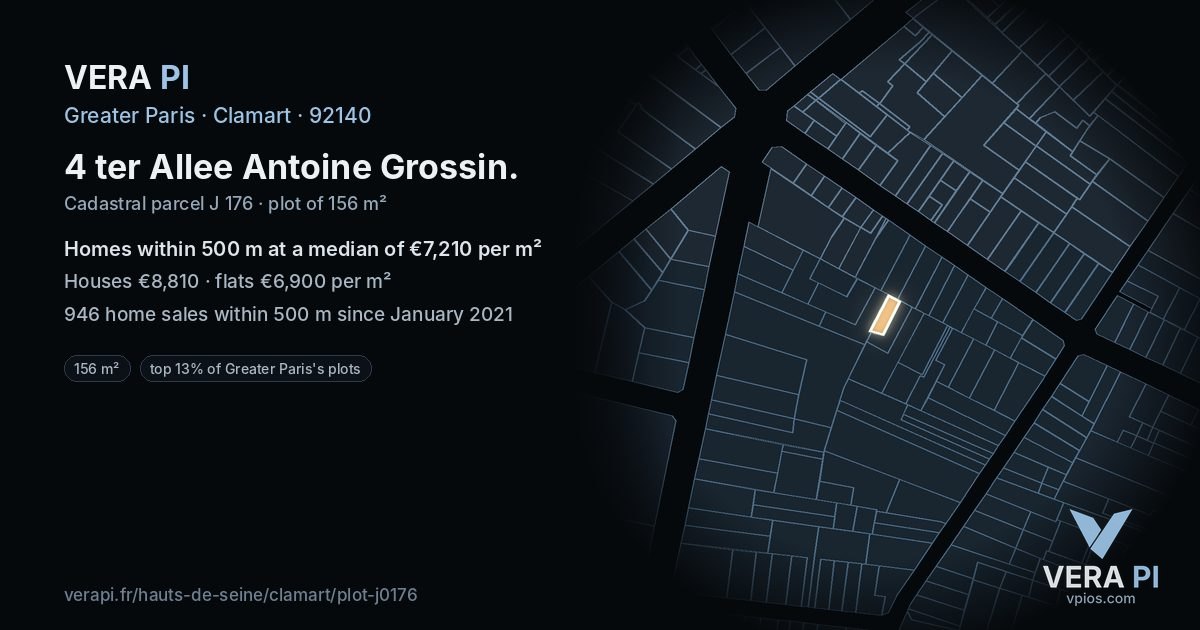 4 ter Allee Antoine Grossin, Clamart at night – the plot lit, the parcels around coloured by the prices near them