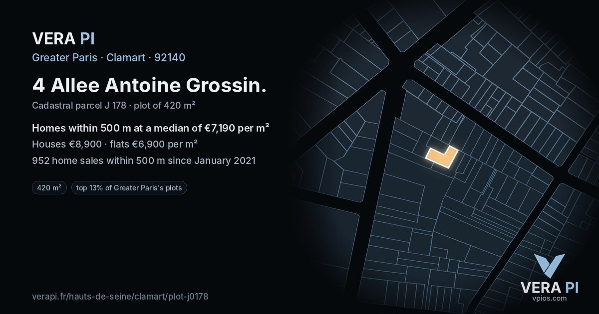 4 Allee Antoine Grossin, Clamart at night – the plot lit, the parcels around coloured by the prices near them