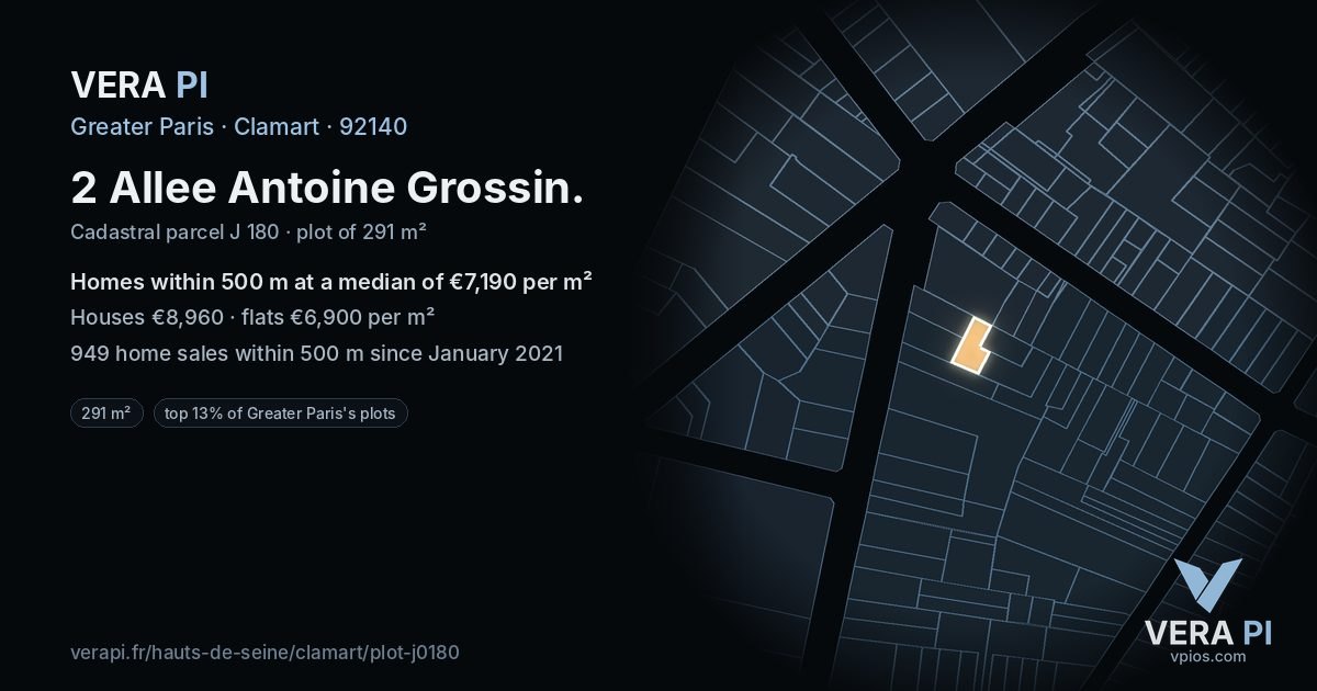 2 Allee Antoine Grossin, Clamart at night – the plot lit, the parcels around coloured by the prices near them