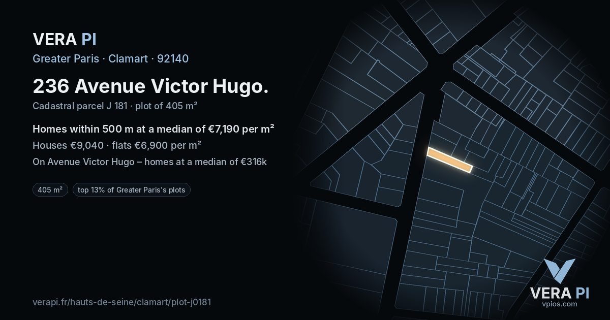 236 Avenue Victor Hugo, Clamart at night – the plot lit, the parcels around coloured by the prices near them