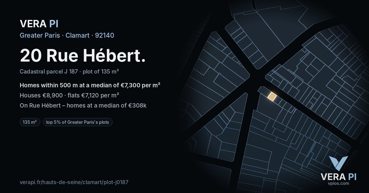 20 Rue Hébert, Clamart at night – the plot lit, the parcels around coloured by the prices near them