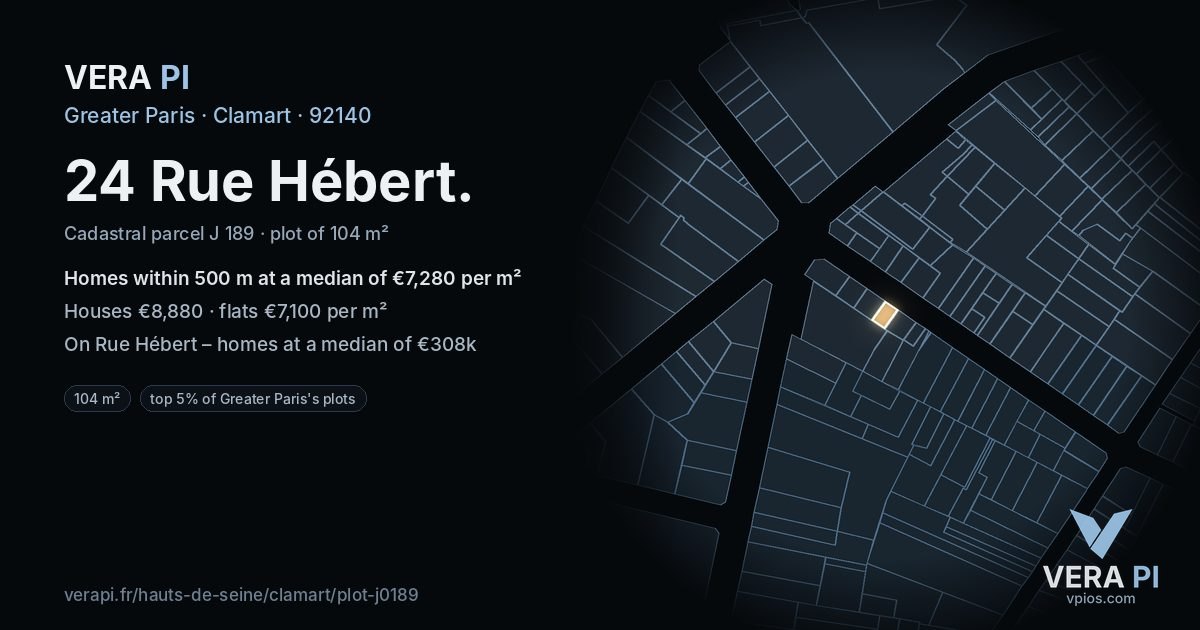 24 Rue Hébert, Clamart at night – the plot lit, the parcels around coloured by the prices near them