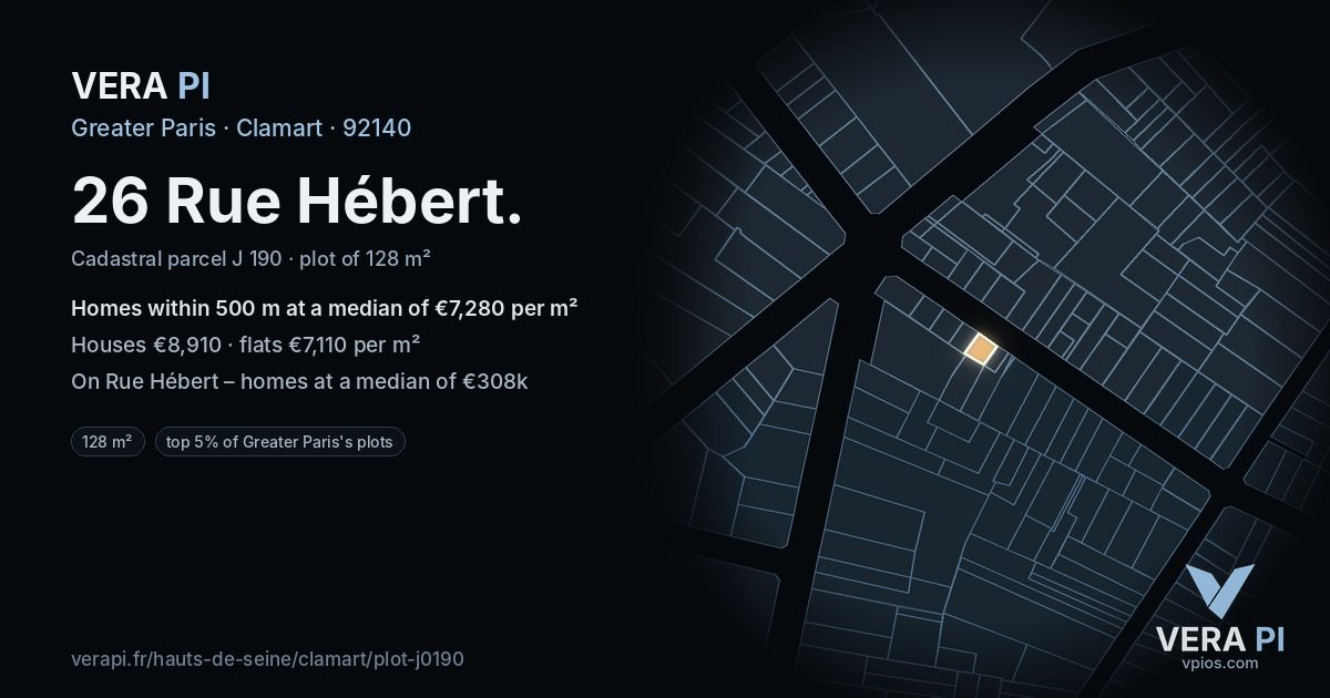 26 Rue Hébert, Clamart at night – the plot lit, the parcels around coloured by the prices near them