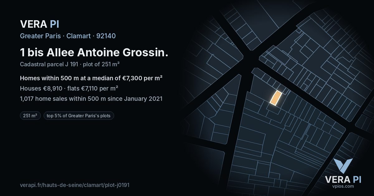 1 bis Allee Antoine Grossin, Clamart at night – the plot lit, the parcels around coloured by the prices near them