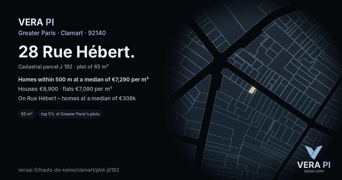28 Rue Hébert, Clamart at night – the plot lit, the parcels around coloured by the prices near them
