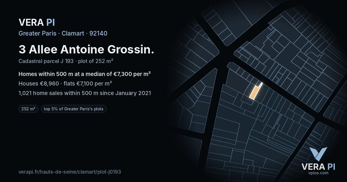 3 Allee Antoine Grossin, Clamart at night – the plot lit, the parcels around coloured by the prices near them