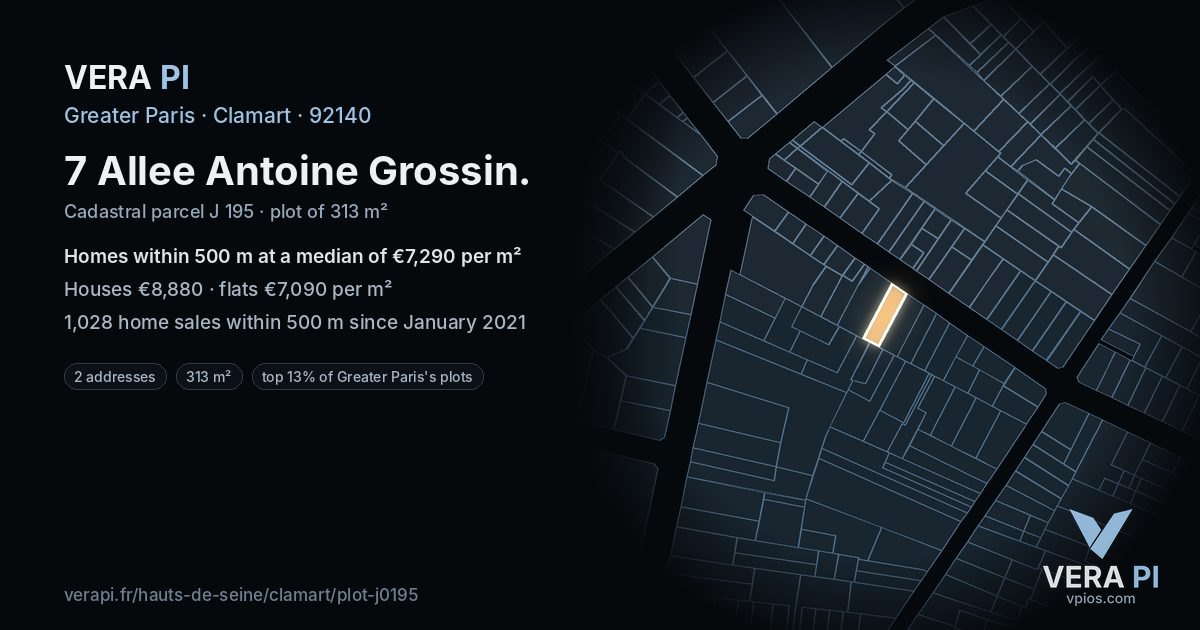 7 Allee Antoine Grossin, Clamart at night – the plot lit, the parcels around coloured by the prices near them