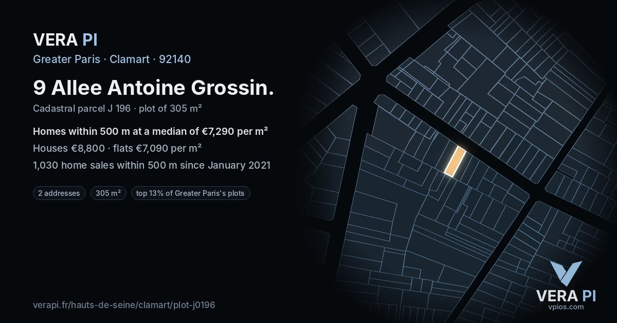 9 Allee Antoine Grossin, Clamart at night – the plot lit, the parcels around coloured by the prices near them