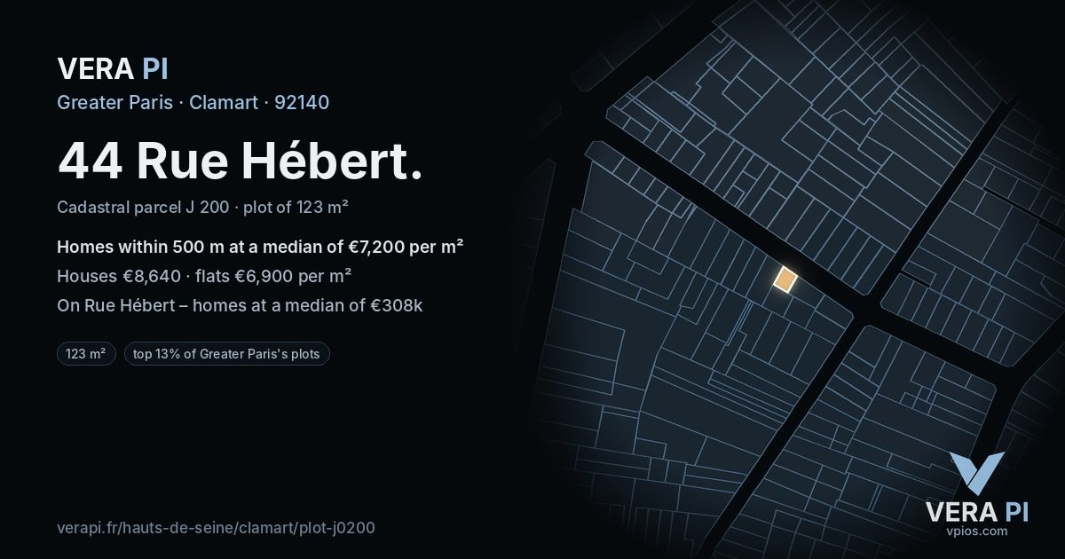 44 Rue Hébert, Clamart at night – the plot lit, the parcels around coloured by the prices near them