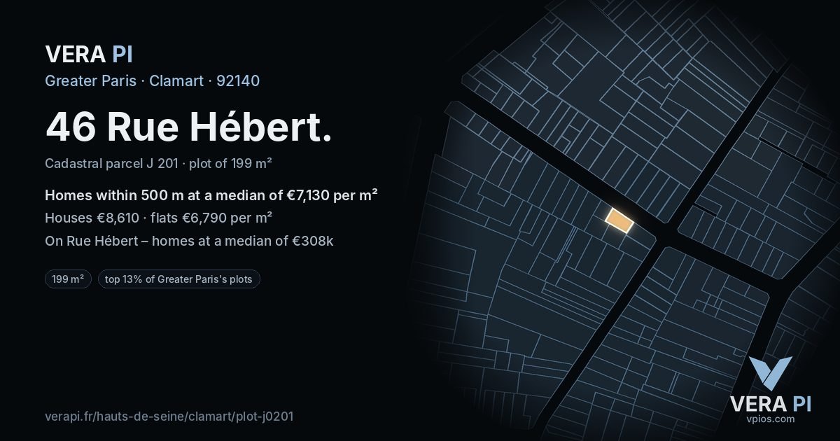 46 Rue Hébert, Clamart at night – the plot lit, the parcels around coloured by the prices near them
