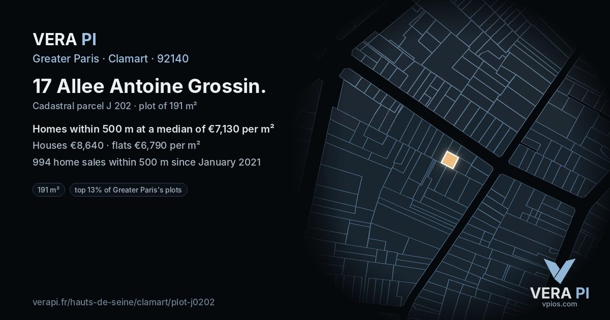 17 Allee Antoine Grossin, Clamart at night – the plot lit, the parcels around coloured by the prices near them