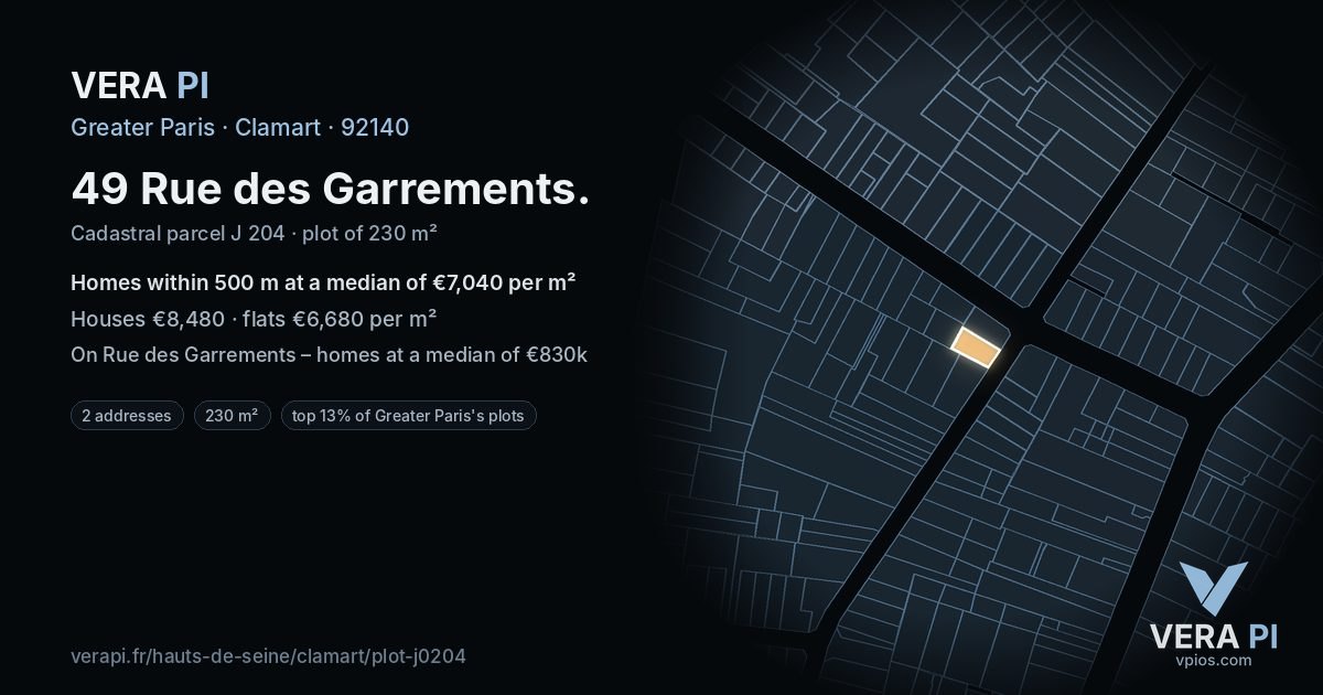 49 Rue des Garrements, Clamart at night – the plot lit, the parcels around coloured by the prices near them