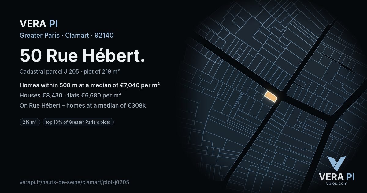 50 Rue Hébert, Clamart at night – the plot lit, the parcels around coloured by the prices near them