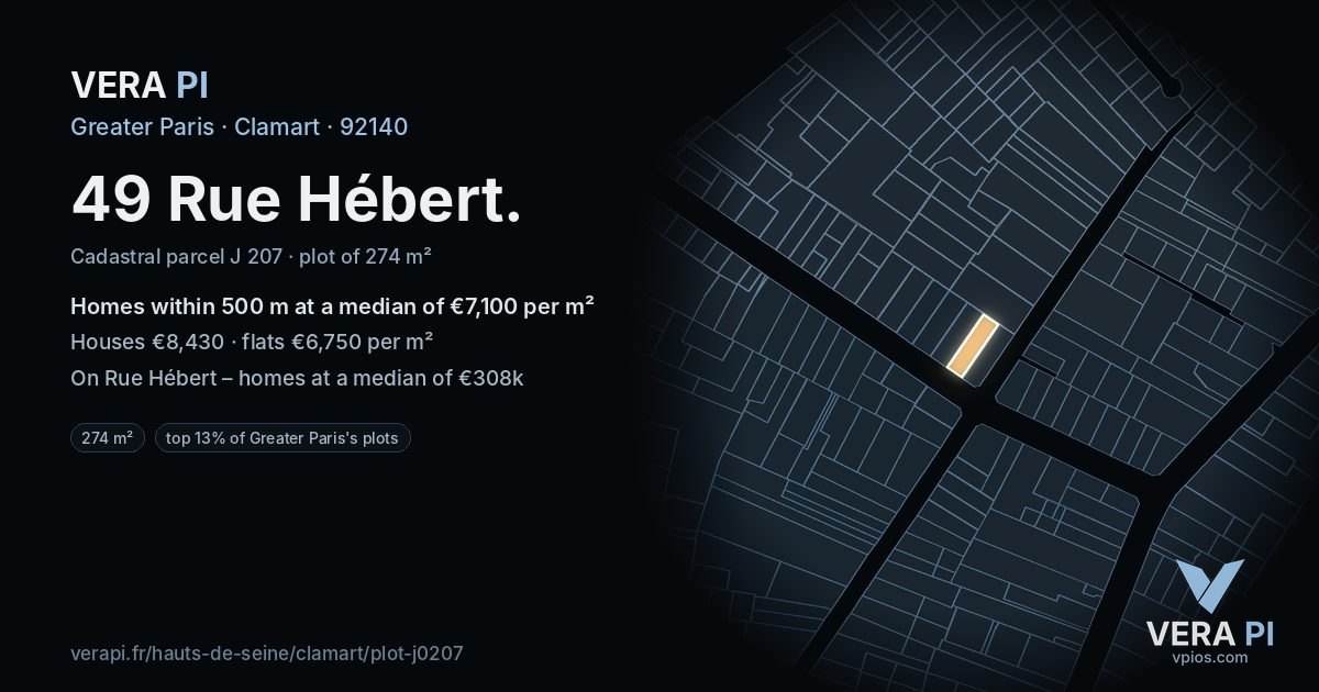 49 Rue Hébert, Clamart at night – the plot lit, the parcels around coloured by the prices near them