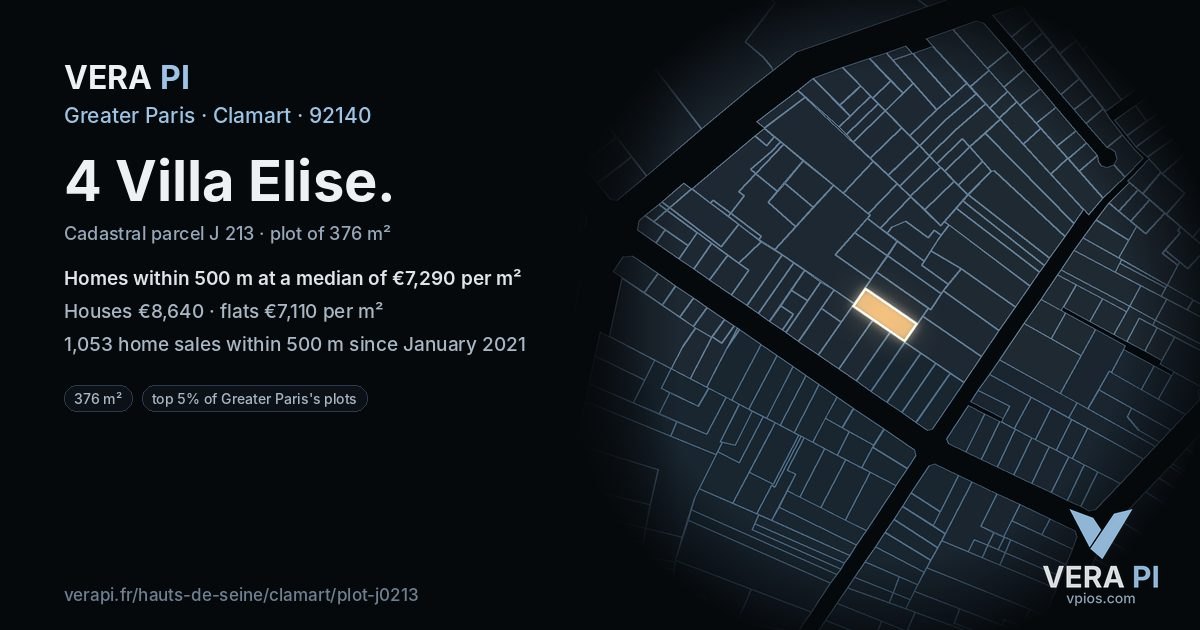 4 Villa Elise, Clamart at night – the plot lit, the parcels around coloured by the prices near them
