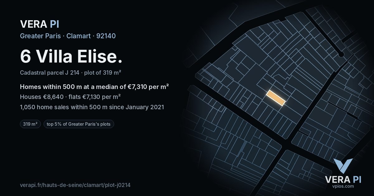 6 Villa Elise, Clamart at night – the plot lit, the parcels around coloured by the prices near them