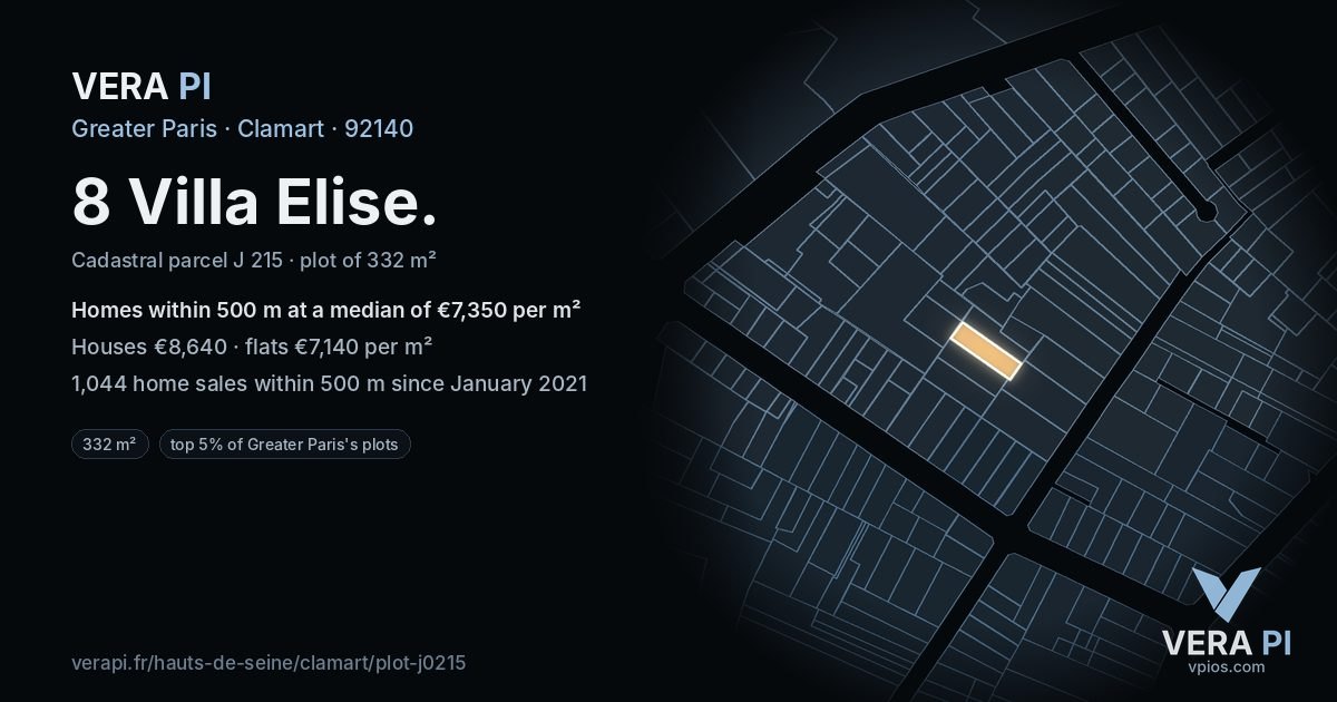 8 Villa Elise, Clamart at night – the plot lit, the parcels around coloured by the prices near them