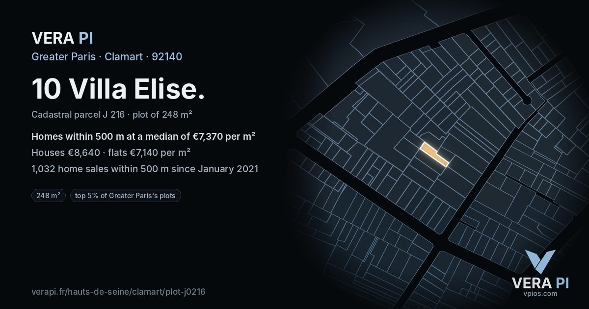 10 Villa Elise, Clamart at night – the plot lit, the parcels around coloured by the prices near them