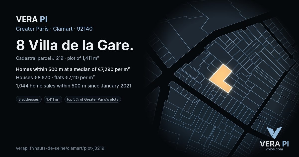 8 Villa de la Gare, Clamart at night – the plot lit, the parcels around coloured by the prices near them