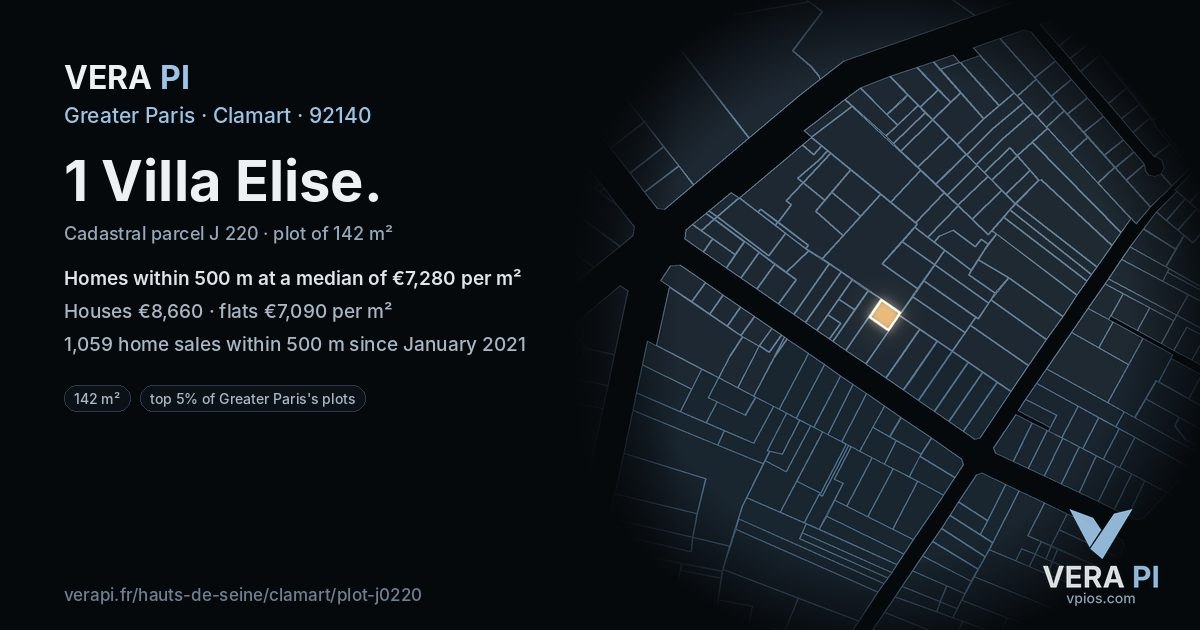 1 Villa Elise, Clamart at night – the plot lit, the parcels around coloured by the prices near them