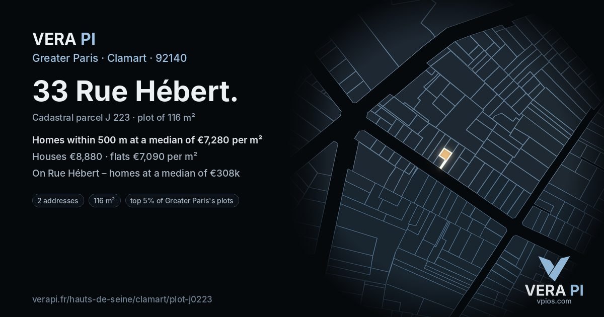 33 Rue Hébert, Clamart at night – the plot lit, the parcels around coloured by the prices near them