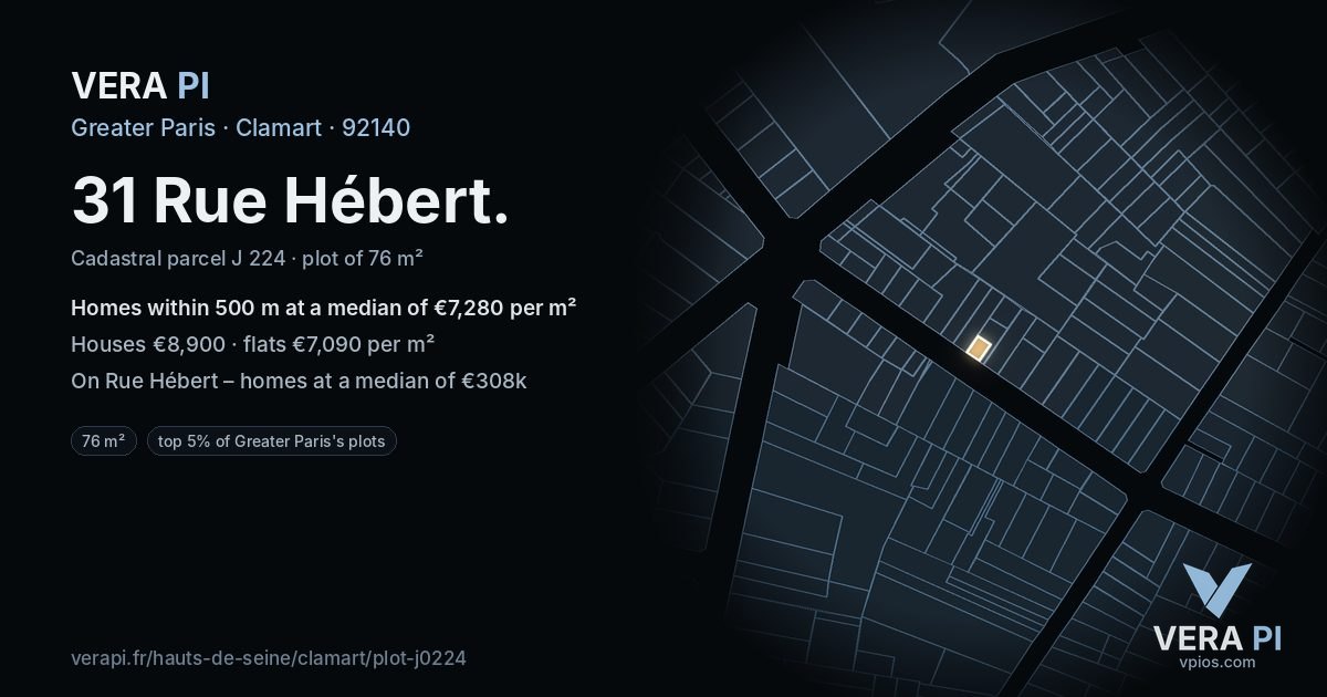 31 Rue Hébert, Clamart at night – the plot lit, the parcels around coloured by the prices near them