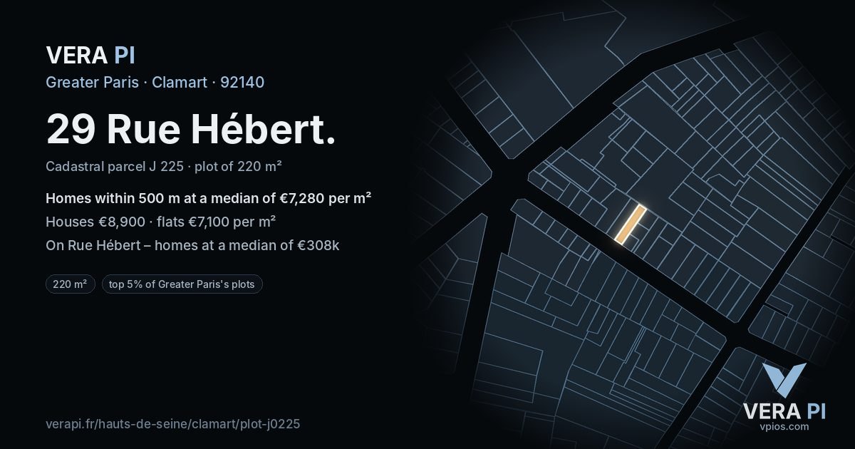 29 Rue Hébert, Clamart at night – the plot lit, the parcels around coloured by the prices near them