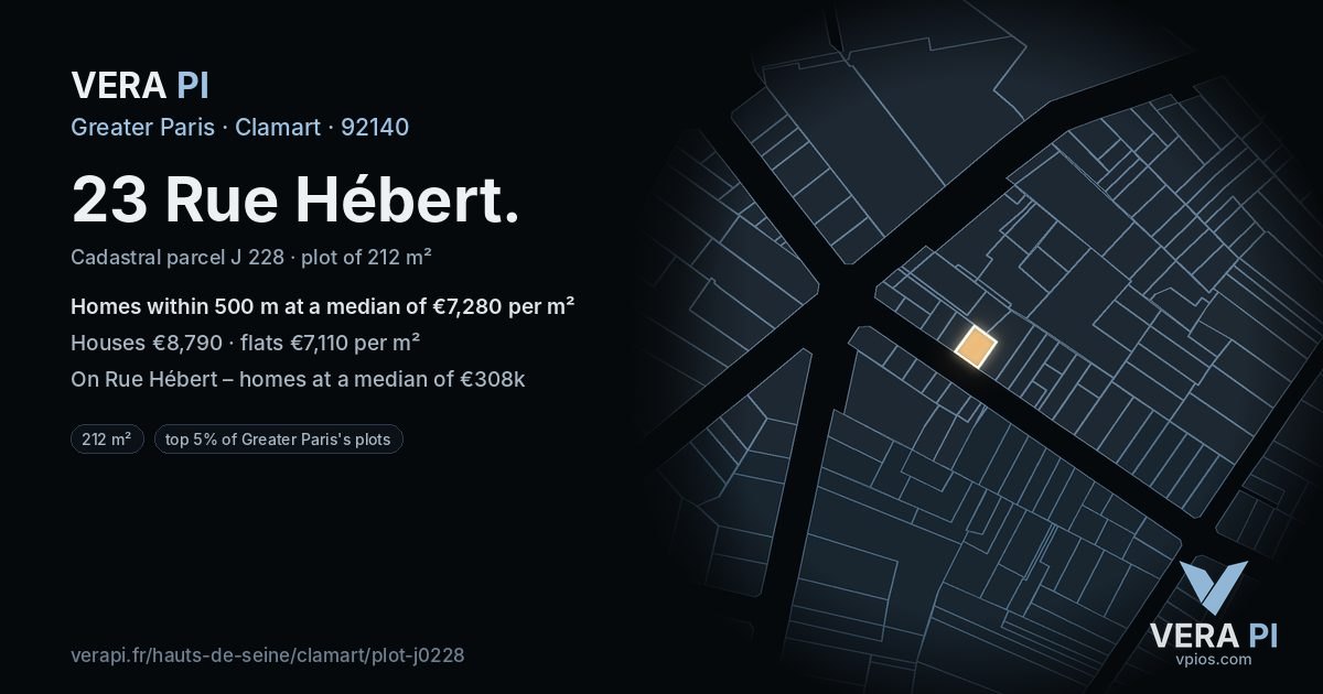 23 Rue Hébert, Clamart at night – the plot lit, the parcels around coloured by the prices near them