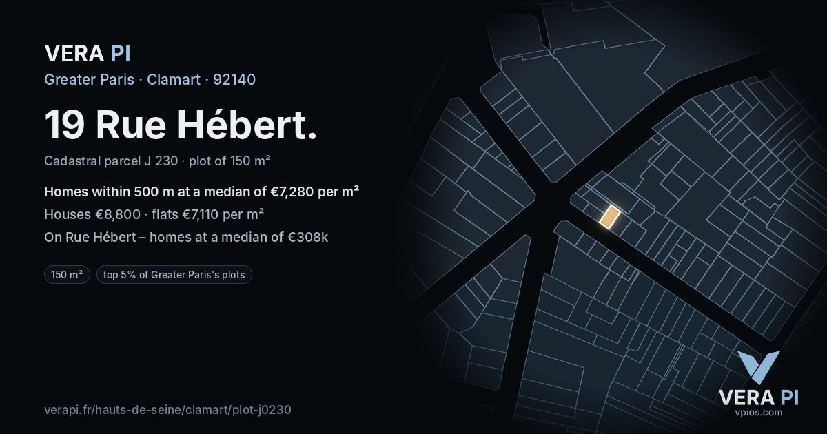 19 Rue Hébert, Clamart at night – the plot lit, the parcels around coloured by the prices near them
