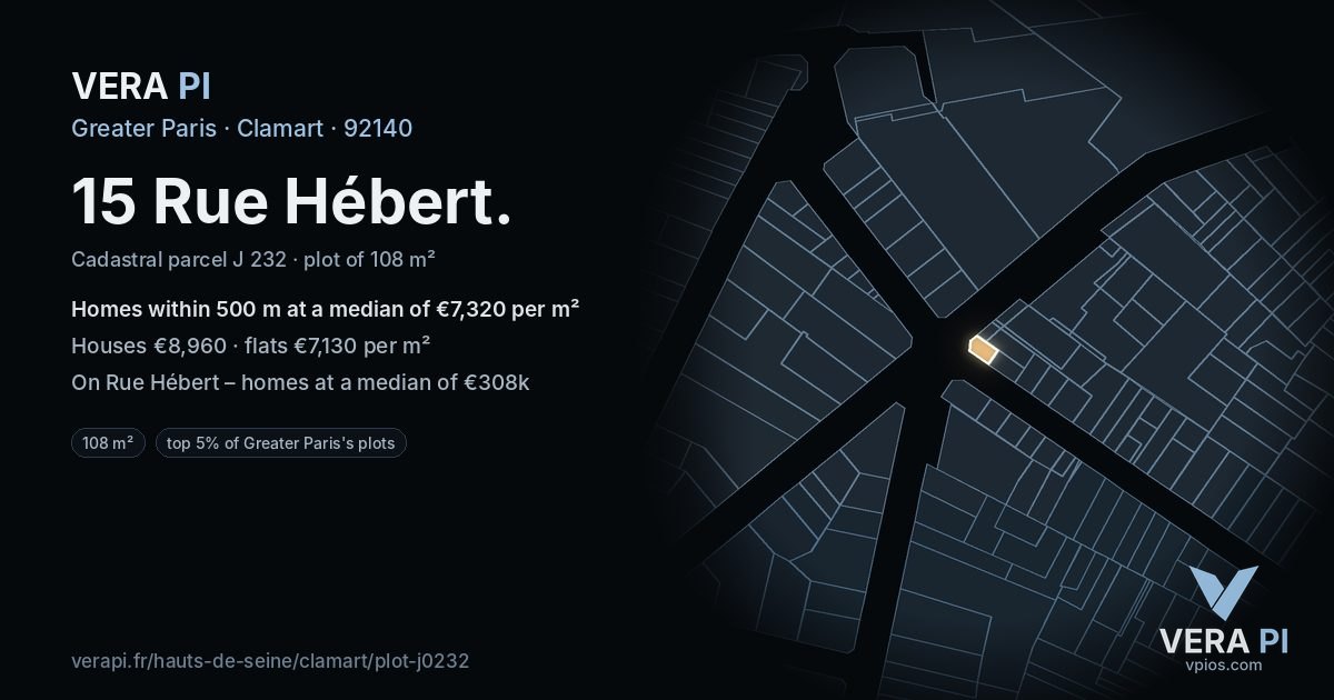 15 Rue Hébert, Clamart at night – the plot lit, the parcels around coloured by the prices near them