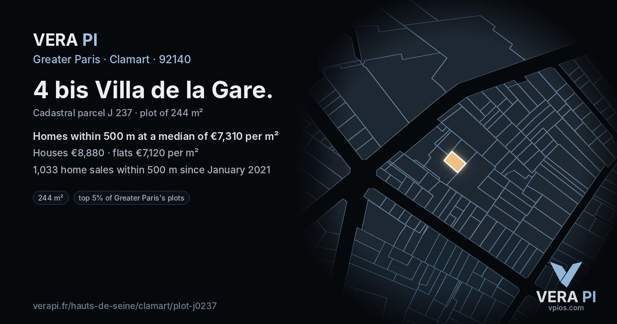 4 bis Villa de la Gare, Clamart at night – the plot lit, the parcels around coloured by the prices near them