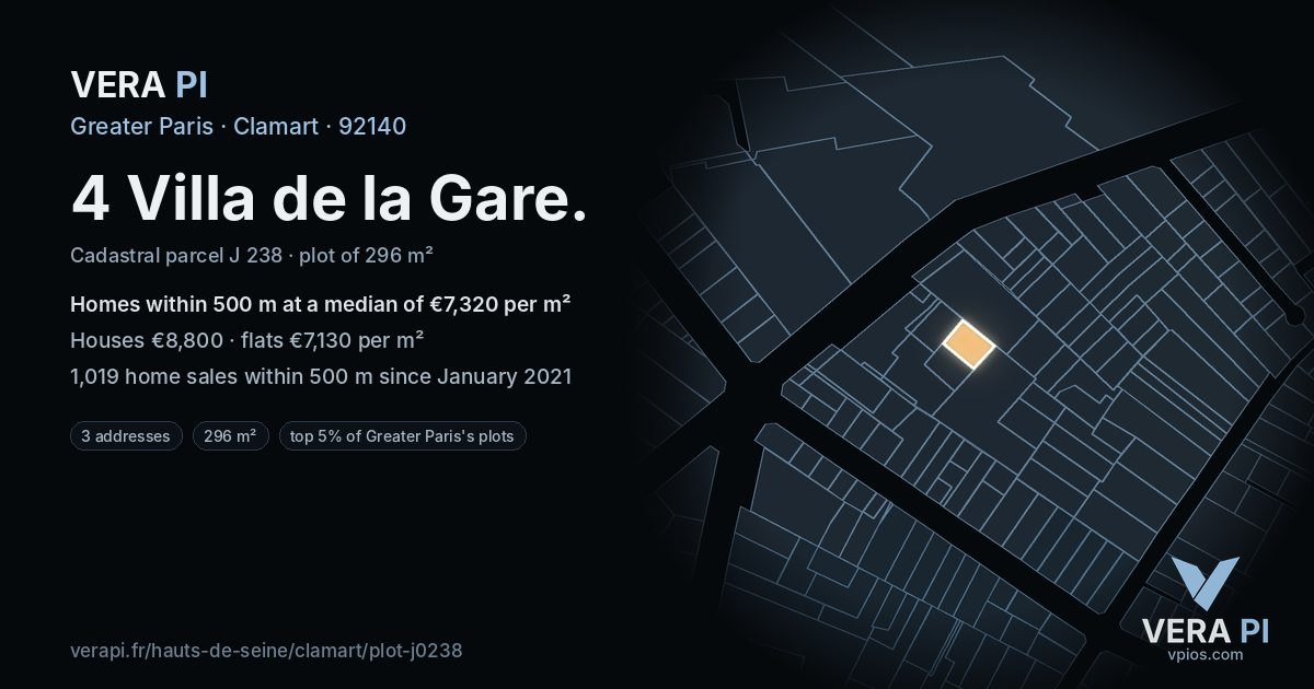 4 Villa de la Gare, Clamart at night – the plot lit, the parcels around coloured by the prices near them