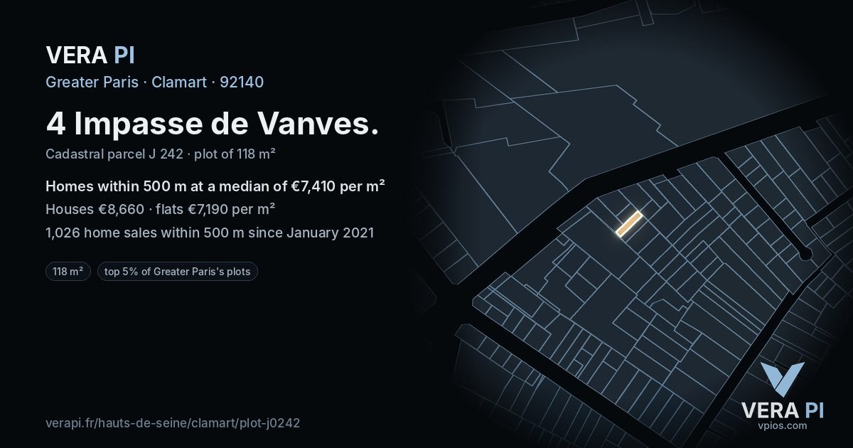 4 Impasse de Vanves, Clamart at night – the plot lit, the parcels around coloured by the prices near them