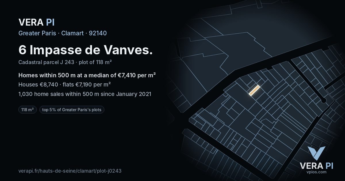 6 Impasse de Vanves, Clamart at night – the plot lit, the parcels around coloured by the prices near them