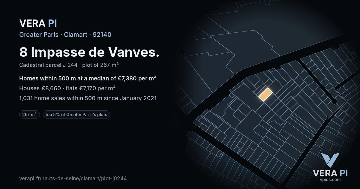 8 Impasse de Vanves, Clamart at night – the plot lit, the parcels around coloured by the prices near them