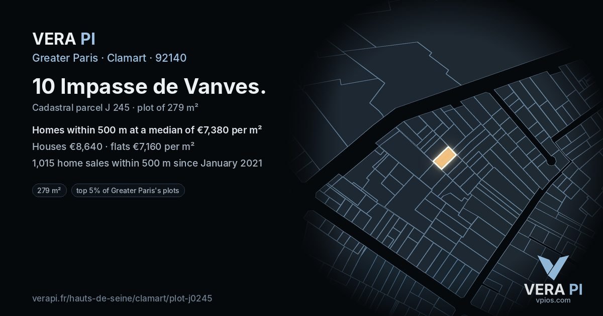 10 Impasse de Vanves, Clamart at night – the plot lit, the parcels around coloured by the prices near them
