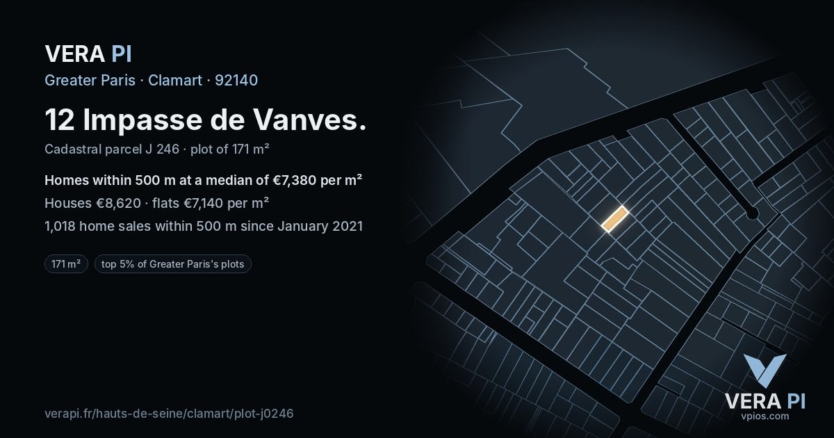 12 Impasse de Vanves, Clamart at night – the plot lit, the parcels around coloured by the prices near them