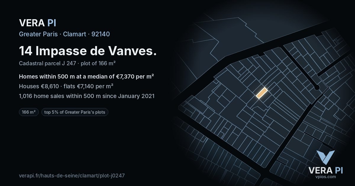 14 Impasse de Vanves, Clamart at night – the plot lit, the parcels around coloured by the prices near them