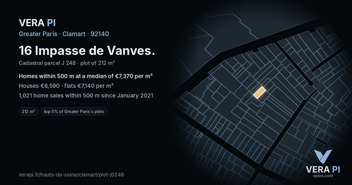 16 Impasse de Vanves, Clamart at night – the plot lit, the parcels around coloured by the prices near them