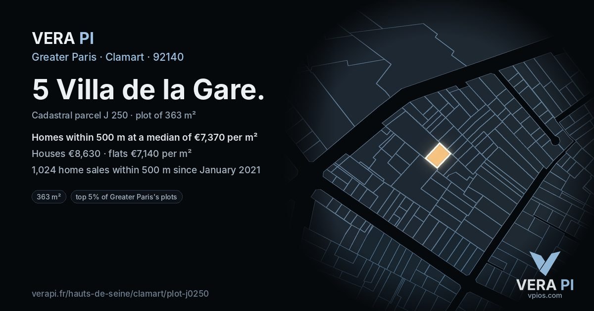 5 Villa de la Gare, Clamart at night – the plot lit, the parcels around coloured by the prices near them